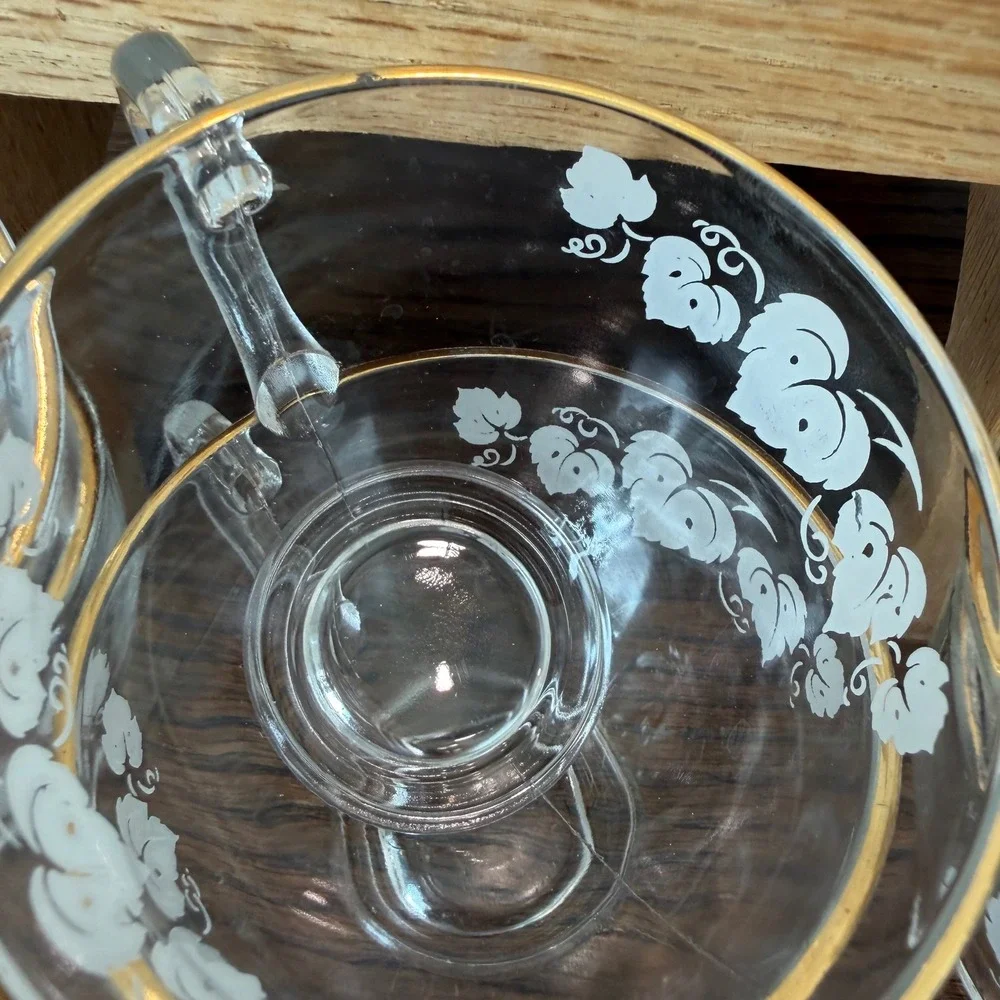 Vintage Anchor Hocking White Grape Leaf‎ Punch Bowl Set Ladle 12 Cups Gold Trim